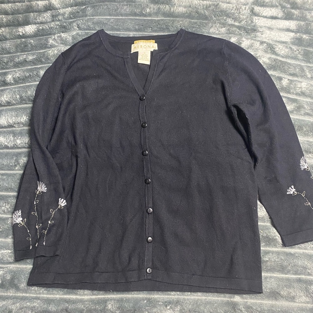 Merona Silk Blend Embroidered Sleeve Cardigan Sweater Sz M Black